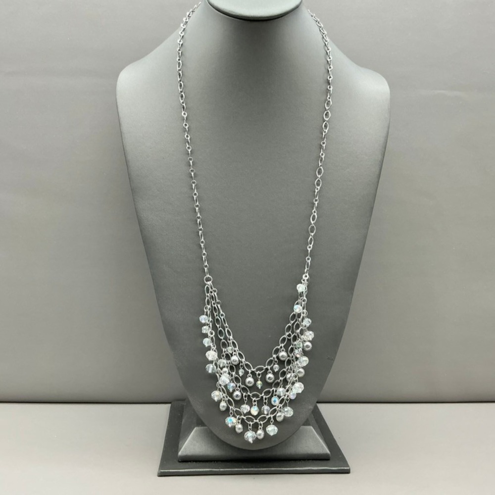 LOFT Necklace Women Silver Tone Multi Strand Crystal Dangle Statement Jewelry